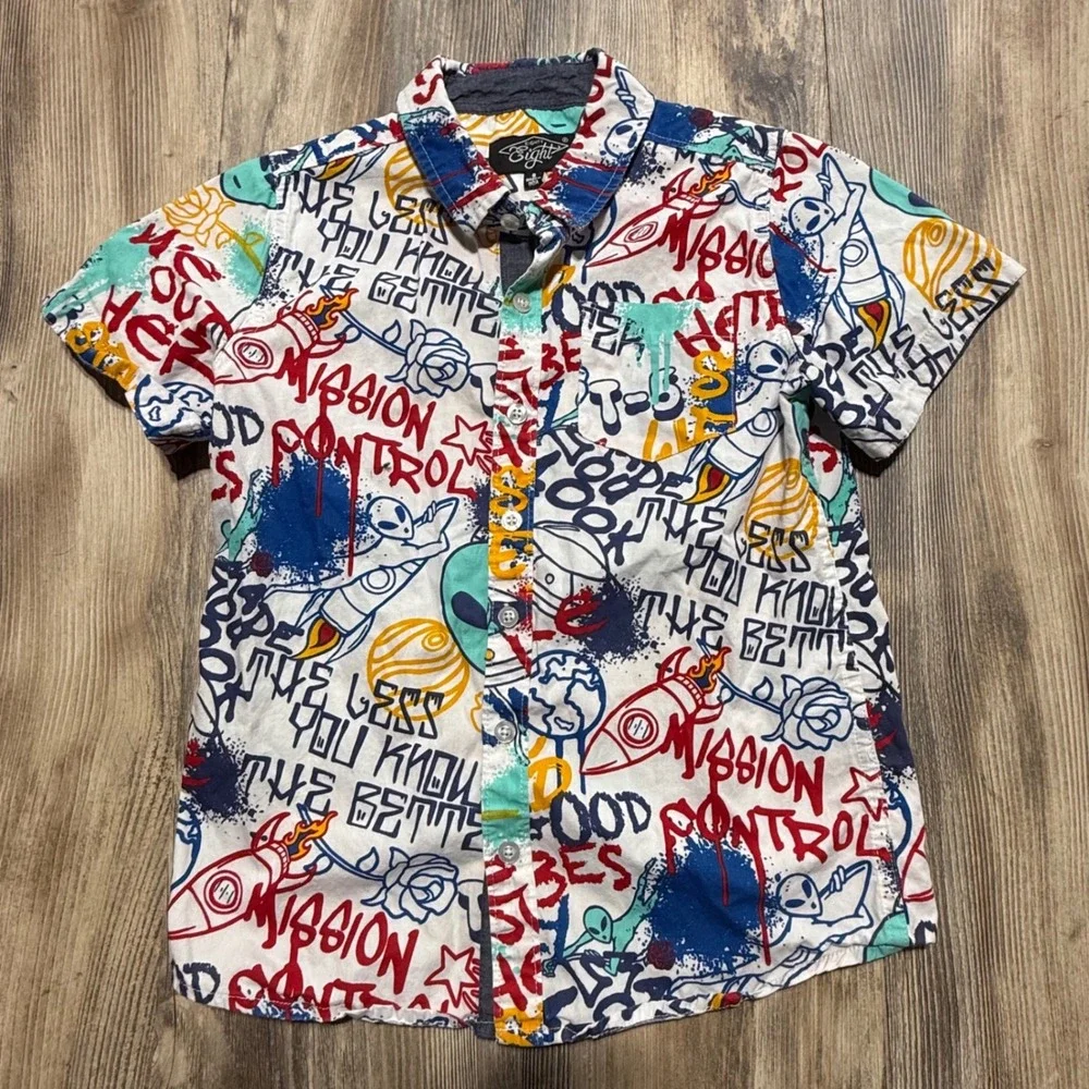 Eighty Eight Boys Graffiti Alien Space Print Short Sleeve Button Down Shirt 8